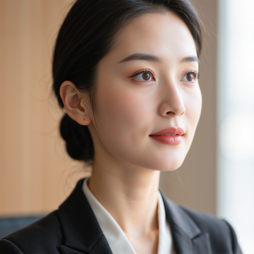 三十五岁左右女性头像，穿黑色职业装，白色衬衫，办公室背景，专业商务形象，温和微笑表情，柔和光线